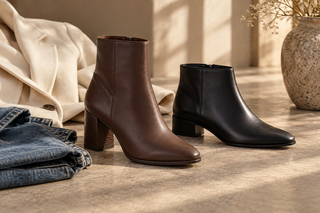 Imagen editorial de botines de tacón en tonos marrón y negro